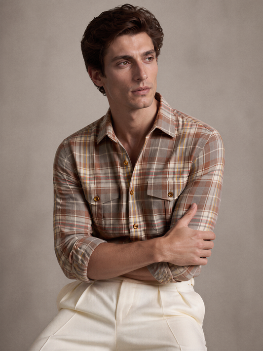 Ochre, rust and grey check linen shirt for men, made in India by YAEYAH