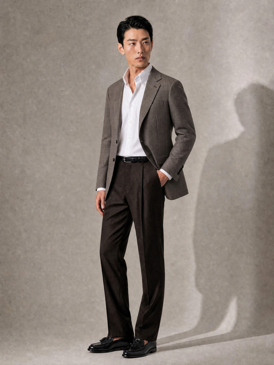 Men's espresso brown cotton twill trouser — single pleated