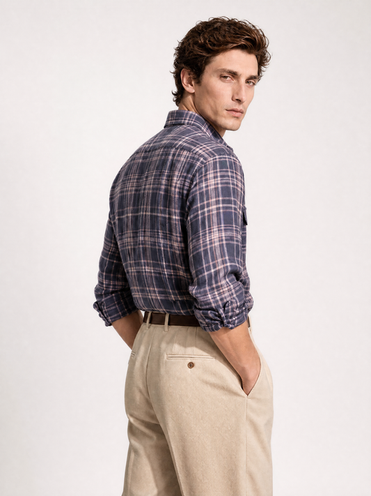 Navy check linen shirt for men, made in India by YAEYAH