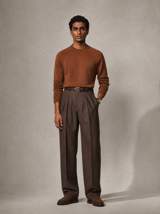 Brown stripe merino wool blend trouser for men, made in India by YAEYAH