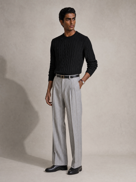 Grey stripe merino wool trouser for men, made in India by YAEYAH