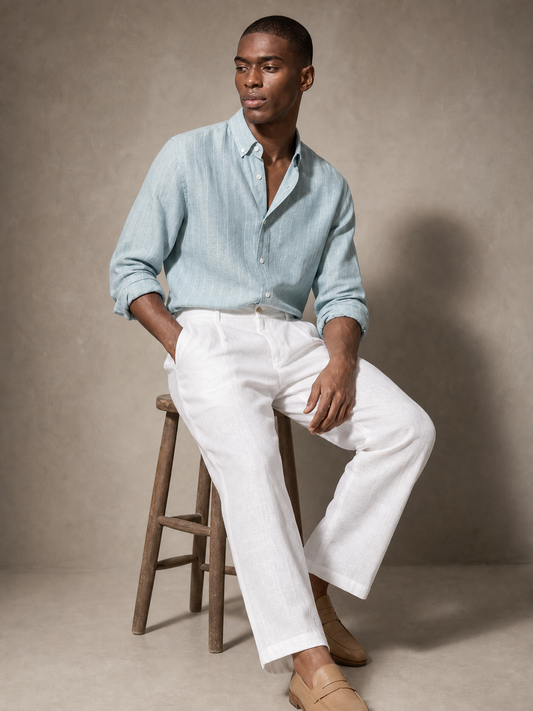 Ice blue and white stripe linen shirt for men, made in India by YAEYAH