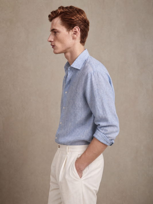 Washed sky blue linen shirt for men, made in India by YAEYAH