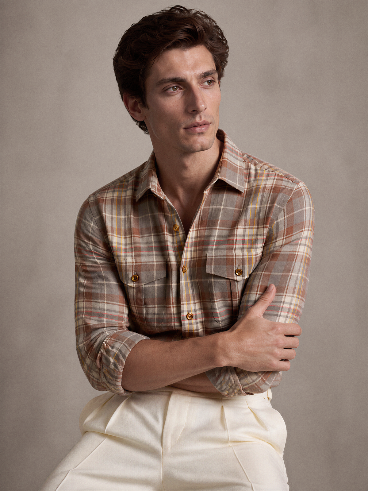 Ochre, rust and grey check linen shirt for men, made in India by YAEYAH