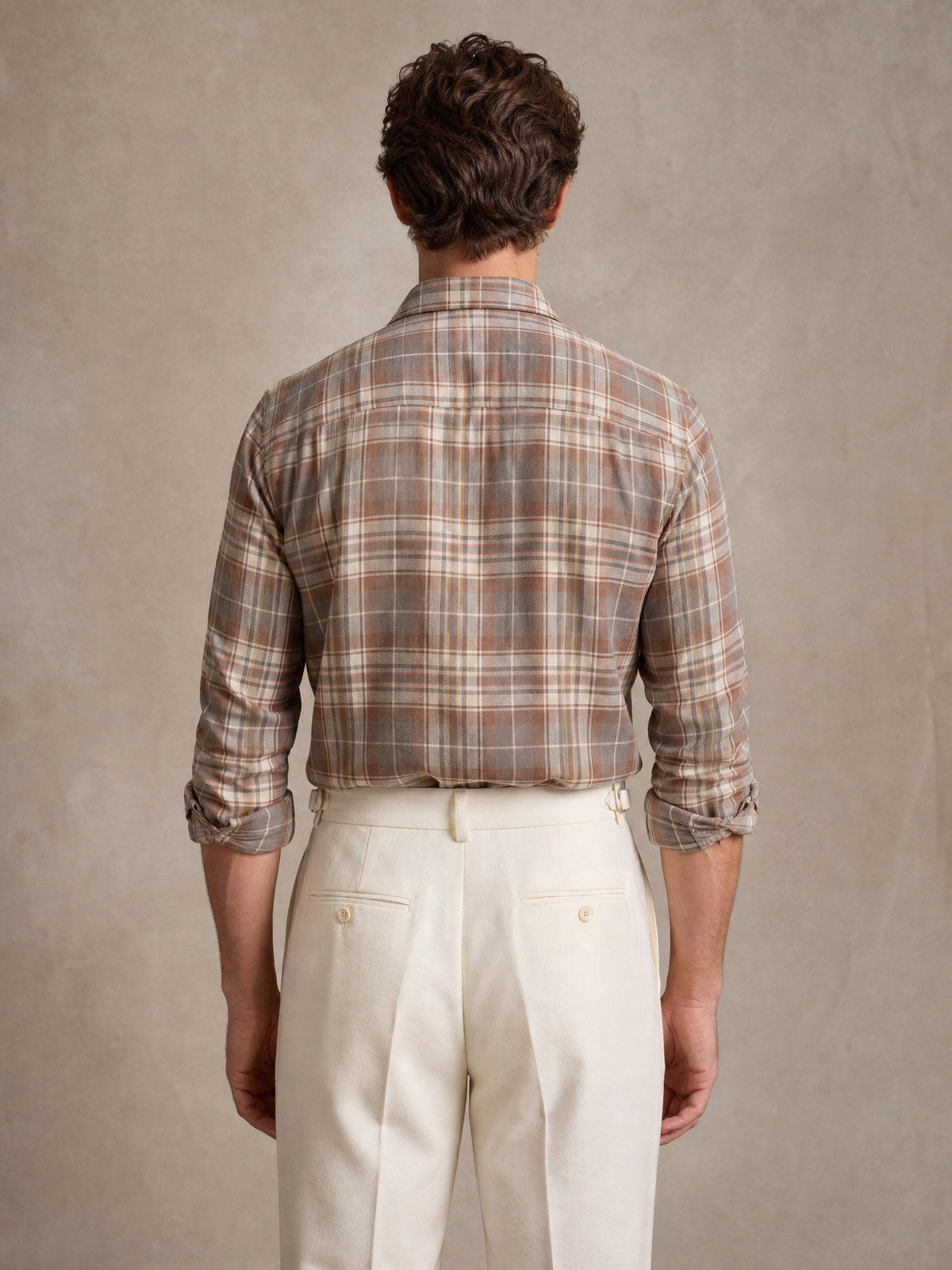 Linen shirt in ochre, rust and grey check — un-fused collar and flapped chest pockets