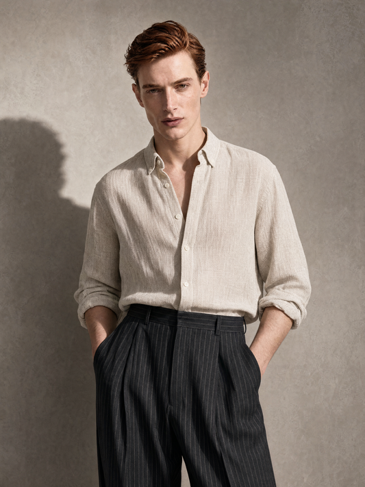 Men's stone beige open-weave linen shirt — an airy, faintly sheer weave