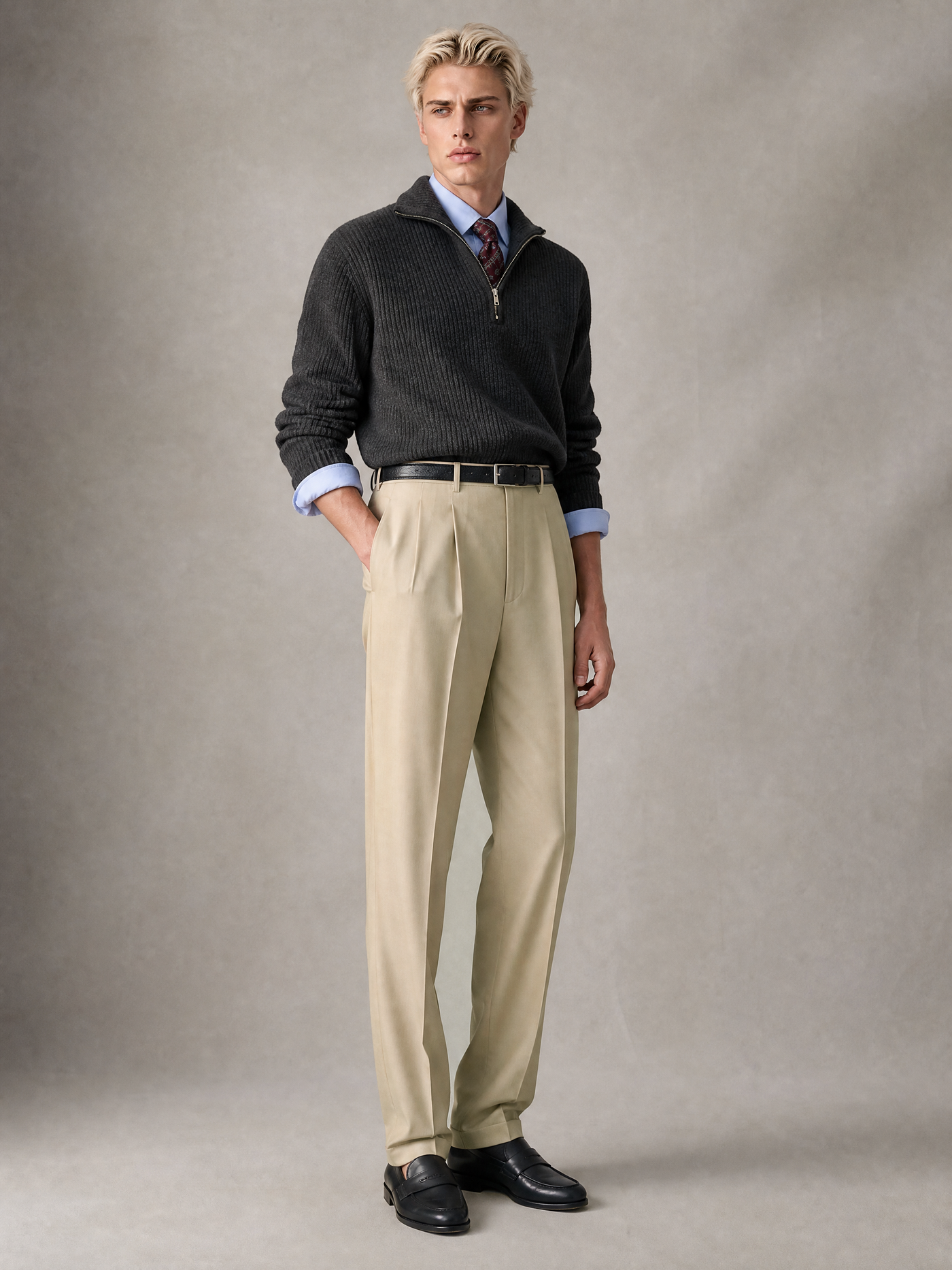 Men's light sand beige cotton trouser — double pleated