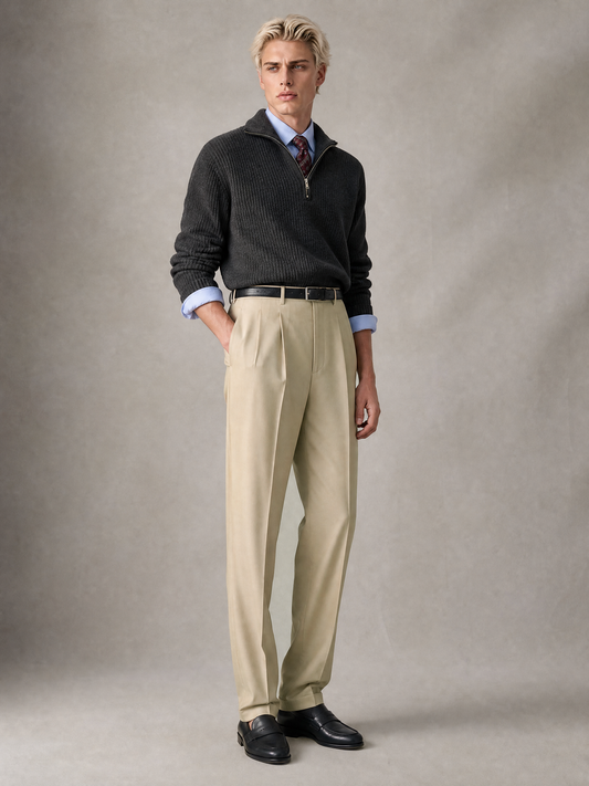 Men's light sand beige cotton trouser — double pleated