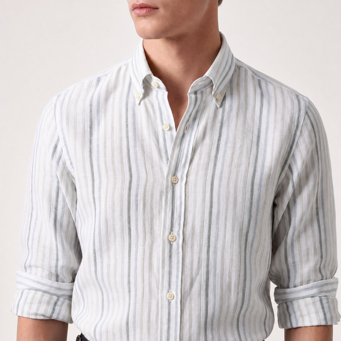 Sage green and charcoal stripe Italian linen shirt for men, made in India by YAEYAH