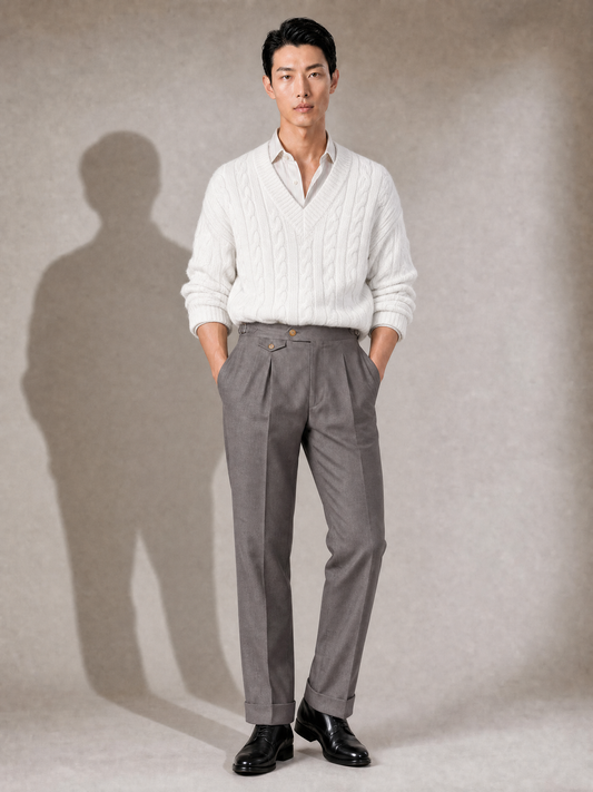 Men's taupe cotton twill trouser — high-rise single pleat with side adjusters and turn-up cuffs