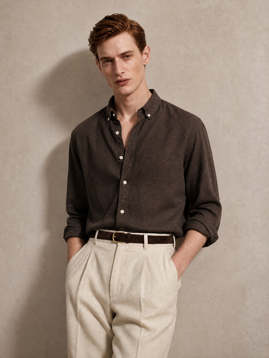 Men's espresso brown cupro shirt — button-down collar