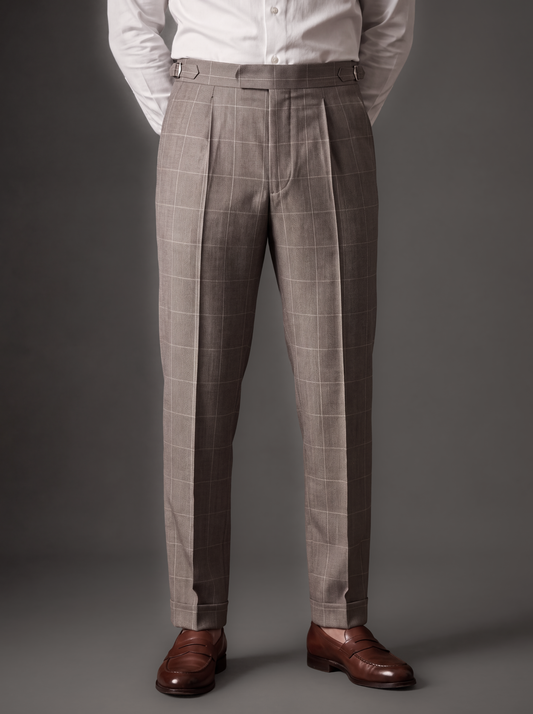 Taupe Herringbone Wool-Blend Trouser