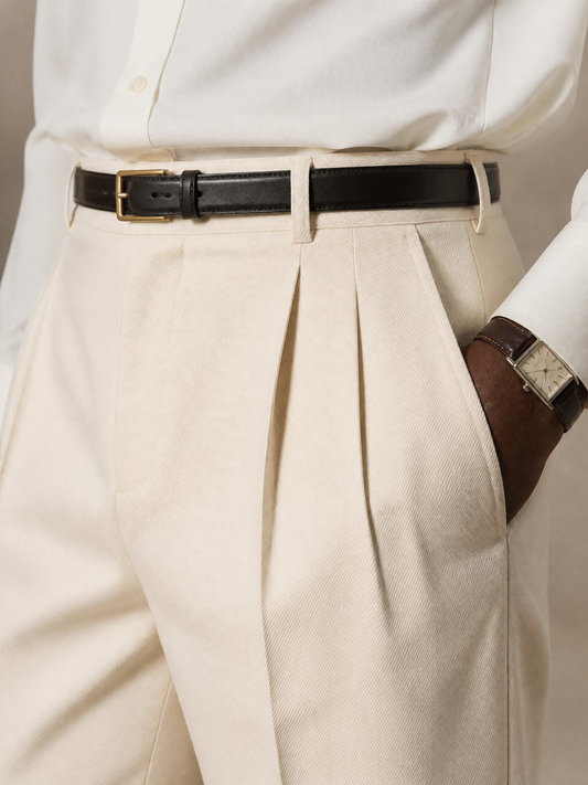 Ivory Cotton Twill Trouser — High-Rise Double Pleat