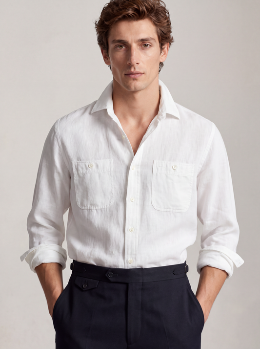 Men's white Irish linen shirt — soft spread collar and twin buttoned patch pockets