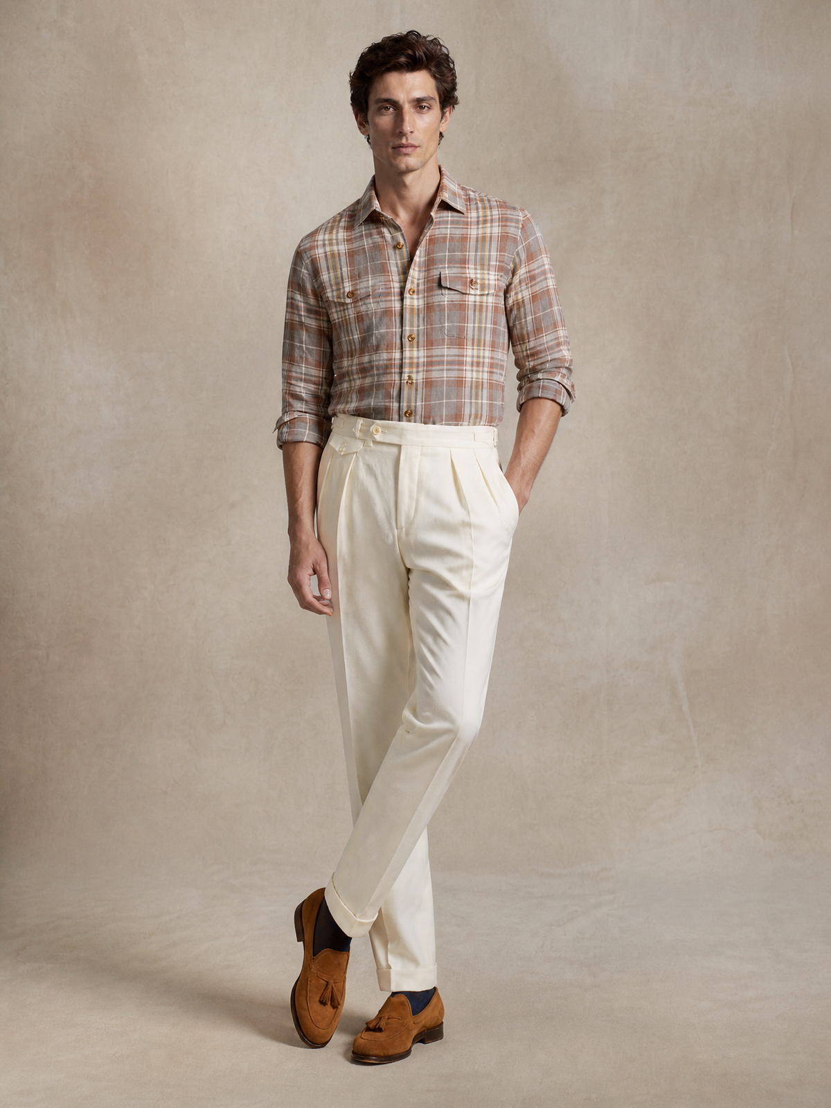Men's ochre, rust and grey check linen shirt by YAEYAH