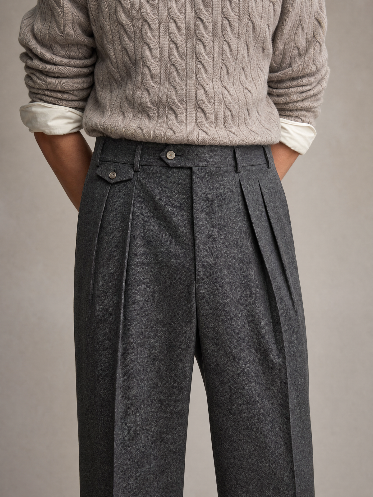 Men's charcoal wool-blend twill trouser — double pleated, relaxed cut