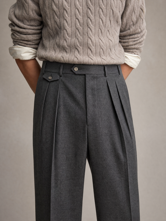 Men's charcoal wool-blend twill trouser — double pleated, relaxed cut