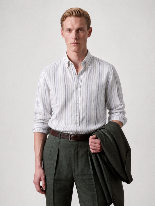 Men's sage green and charcoal stripe Italian linen shirt — button-down collar
