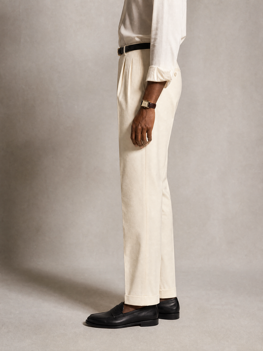 Ivory Cotton Twill Trouser — High-Rise Double Pleat