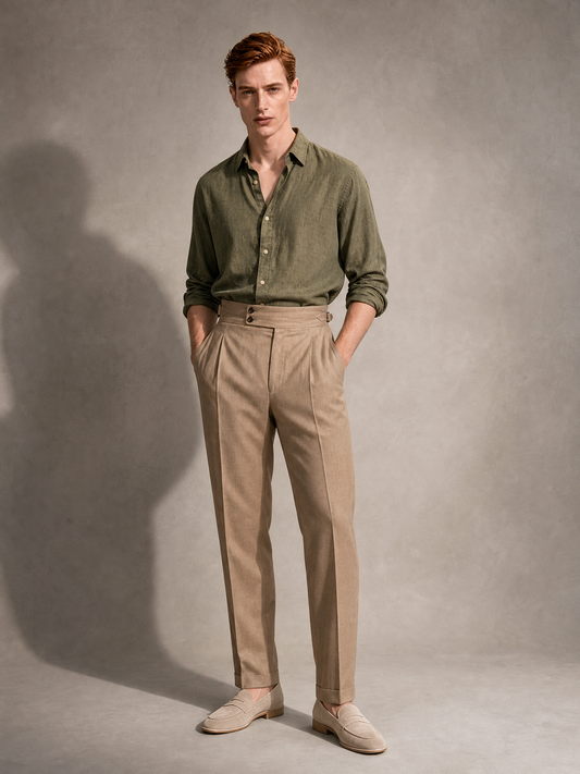 Men's moss olive cupro shirt — faint sheen and a fluid fall