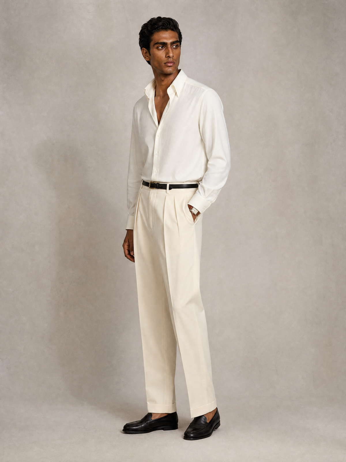 Ivory Cotton Twill Trouser — High-Rise Double Pleat