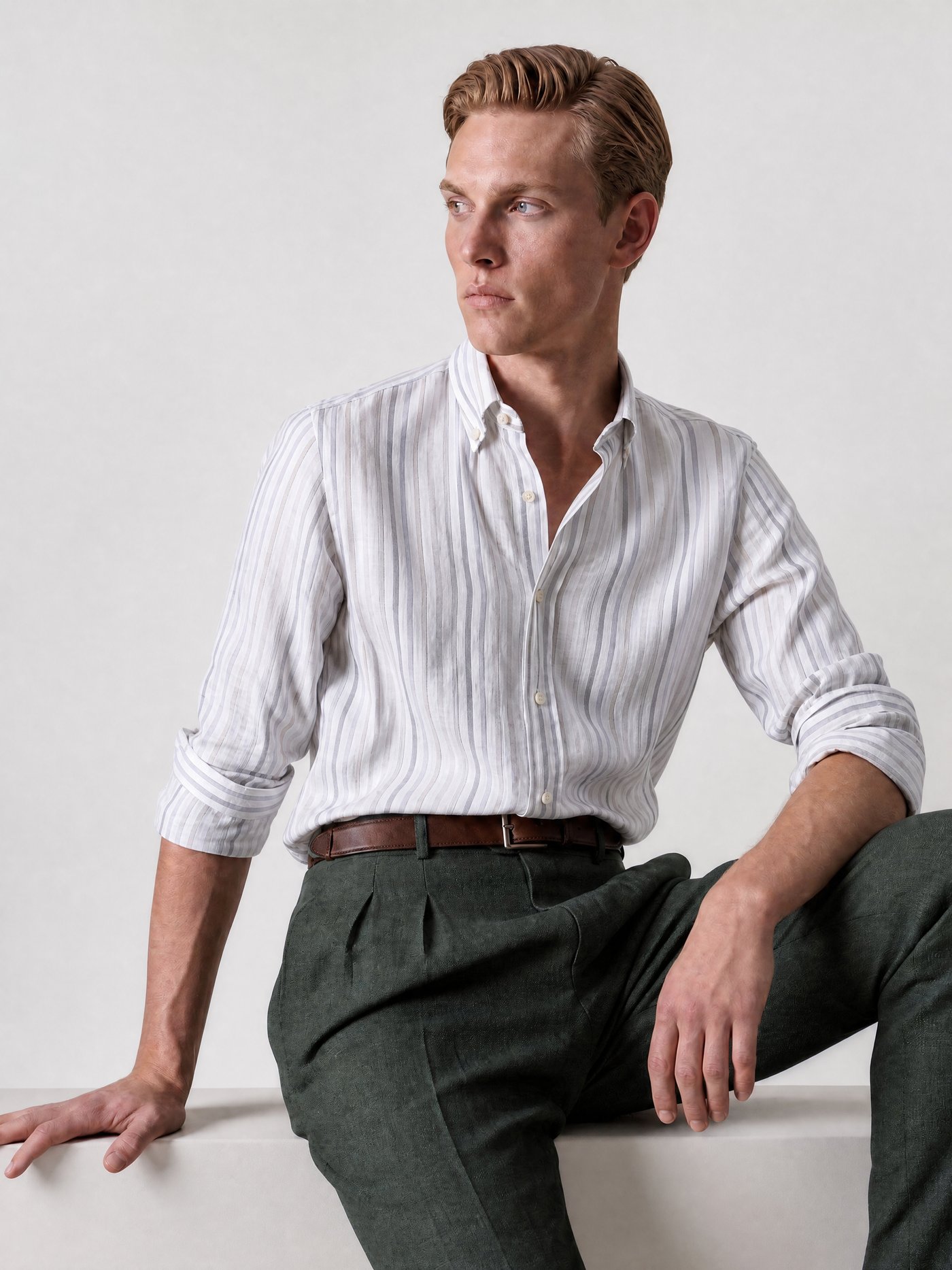 YAEYAH sage green and charcoal stripe Italian linen shirt, cut to your own measurements