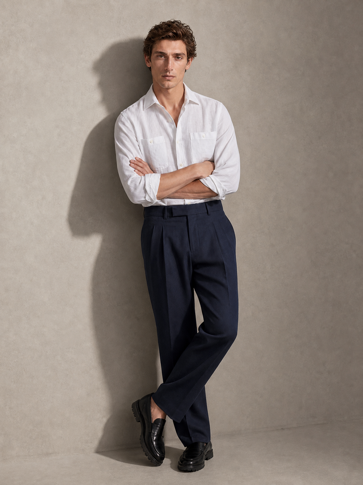 Irish linen shirt in white — soft spread collar and twin buttoned patch pockets