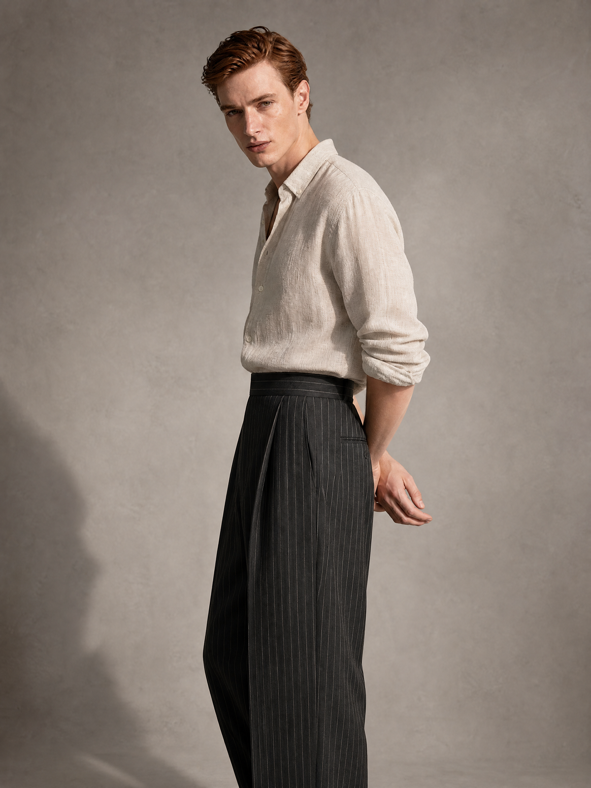 Open-weave linen shirt in stone beige — an airy, faintly sheer weave