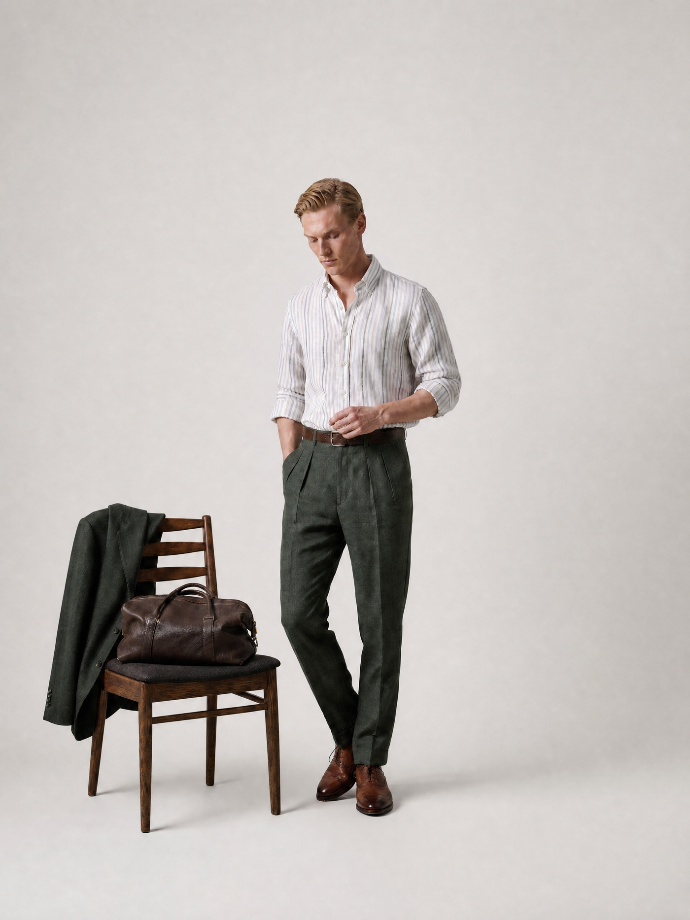 Italian linen shirt in sage green and charcoal stripe — button-down collar
