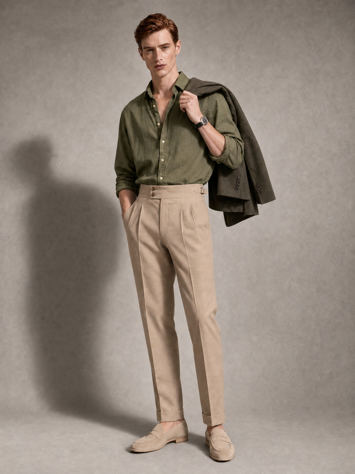 Cupro shirt in moss olive — faint sheen and a fluid fall