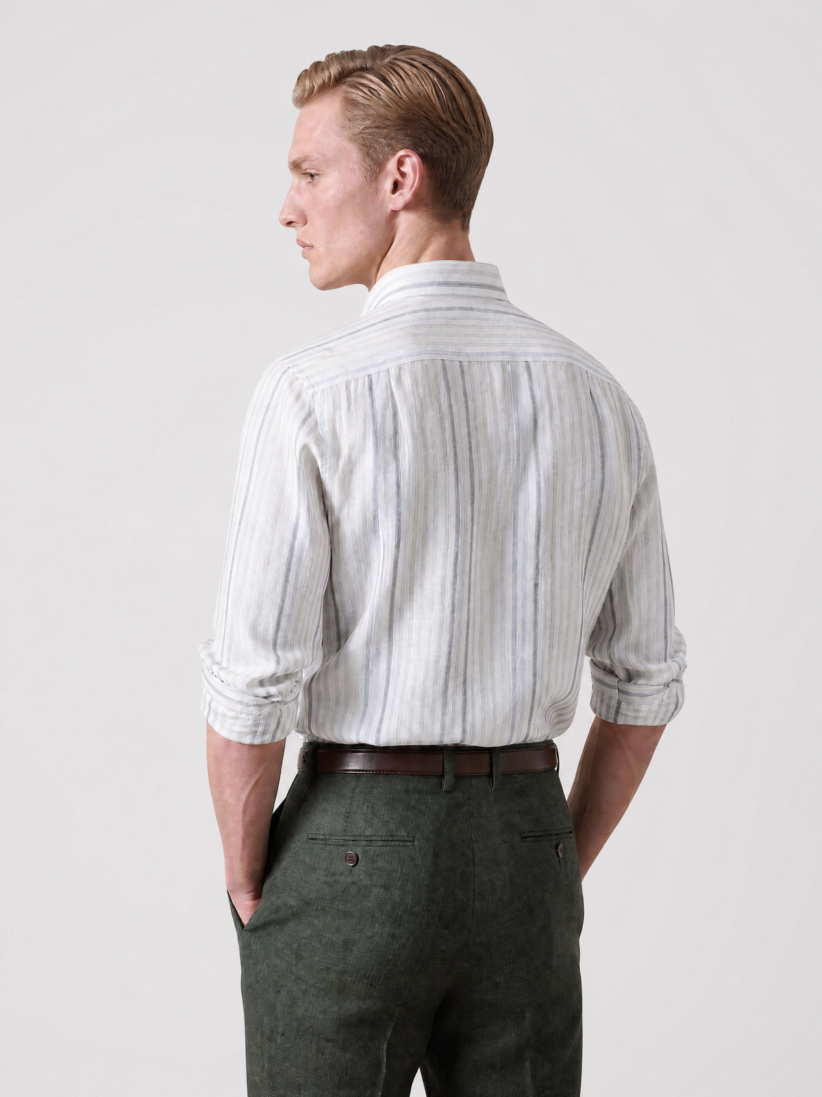 Men's sage green and charcoal stripe Italian linen shirt by YAEYAH