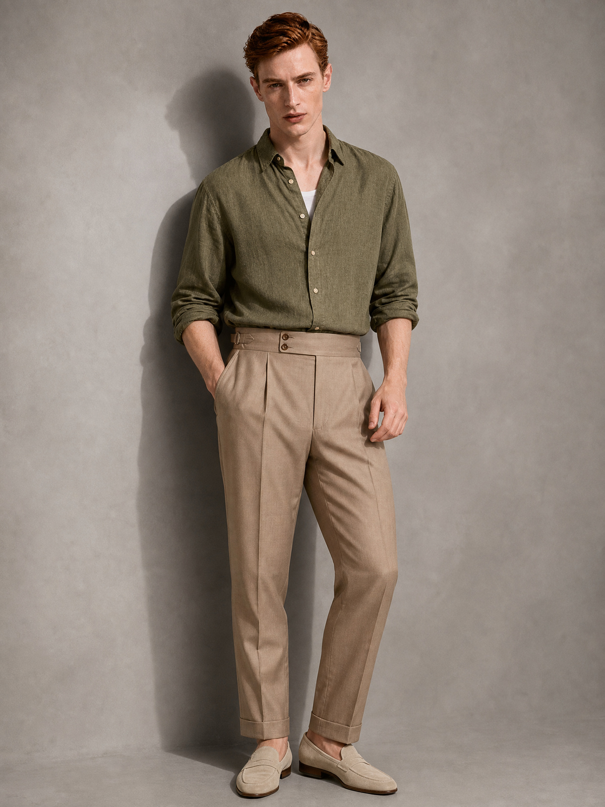 Moss olive cupro shirt, faint sheen and a fluid fall