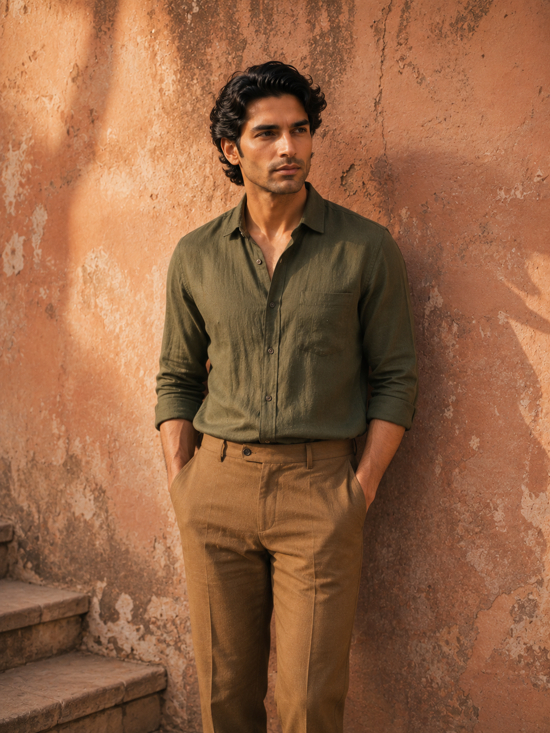 Core Look 05 — Olive & Camel Set, Indian man wearing olive cotton-linen shirt with camel trousers against terracotta wall