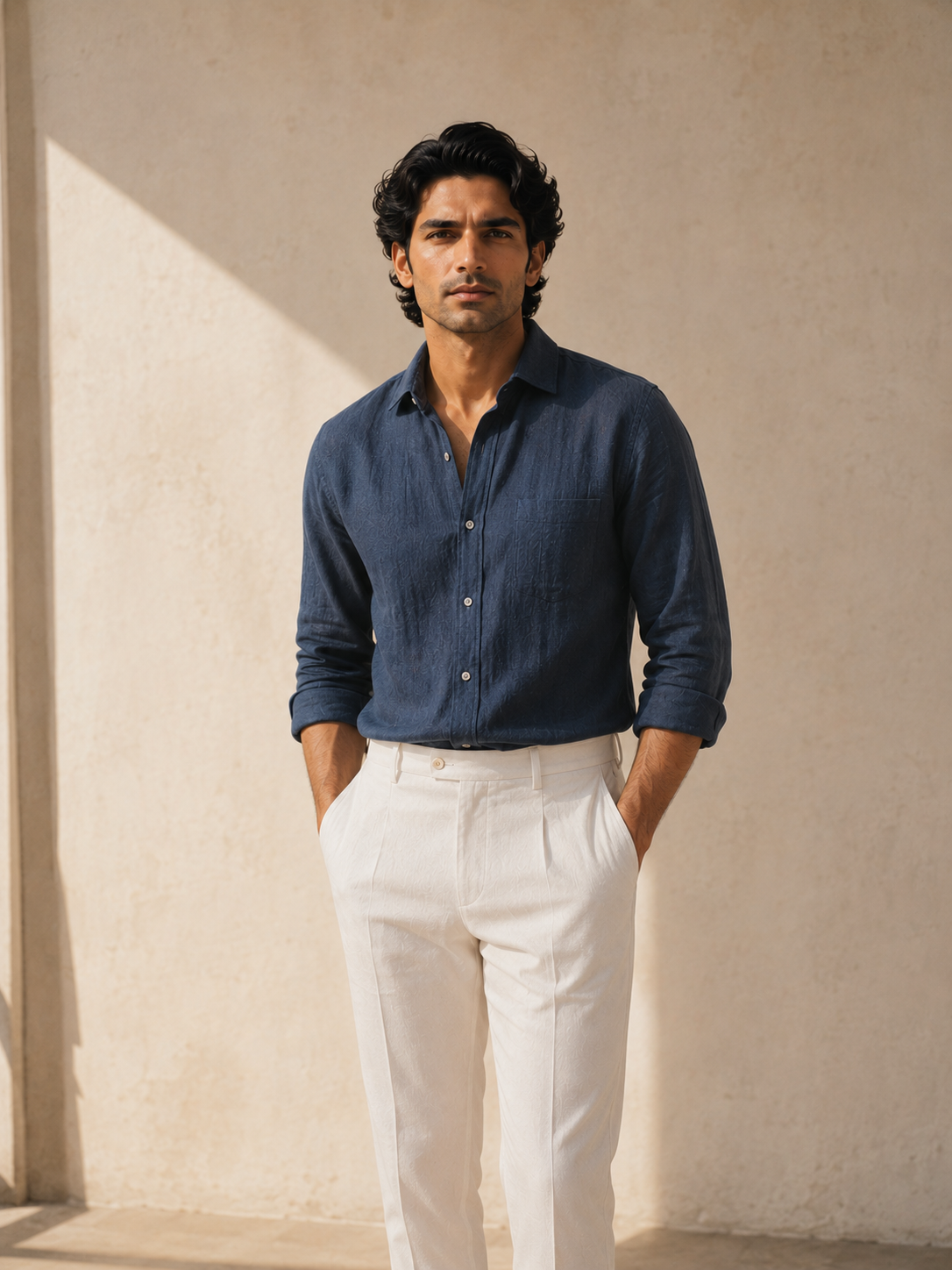 Core Look 06 — Slate Blue Set, Indian man wearing slate blue linen shirt with bone white trousers