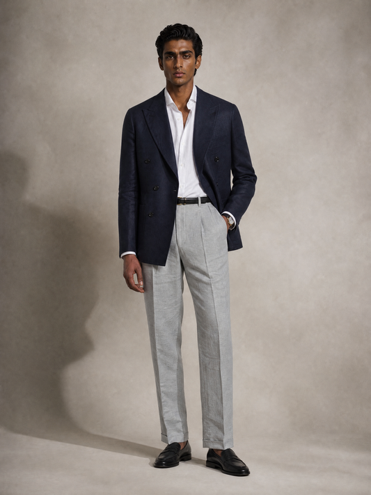 Men's grey linen trouser — single pleated, straight leg