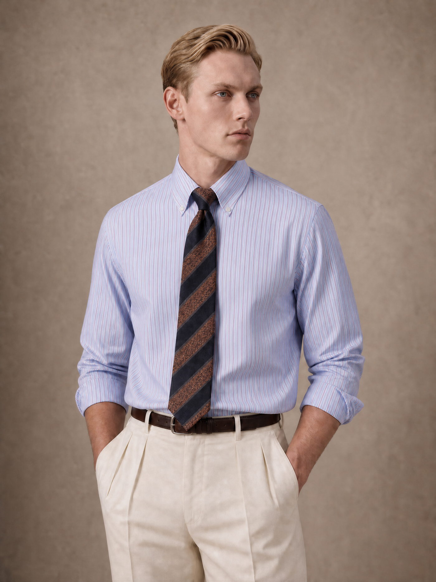 YAEYAH sky blue with burgundy stripe cotton shirt, cut to your own measurements