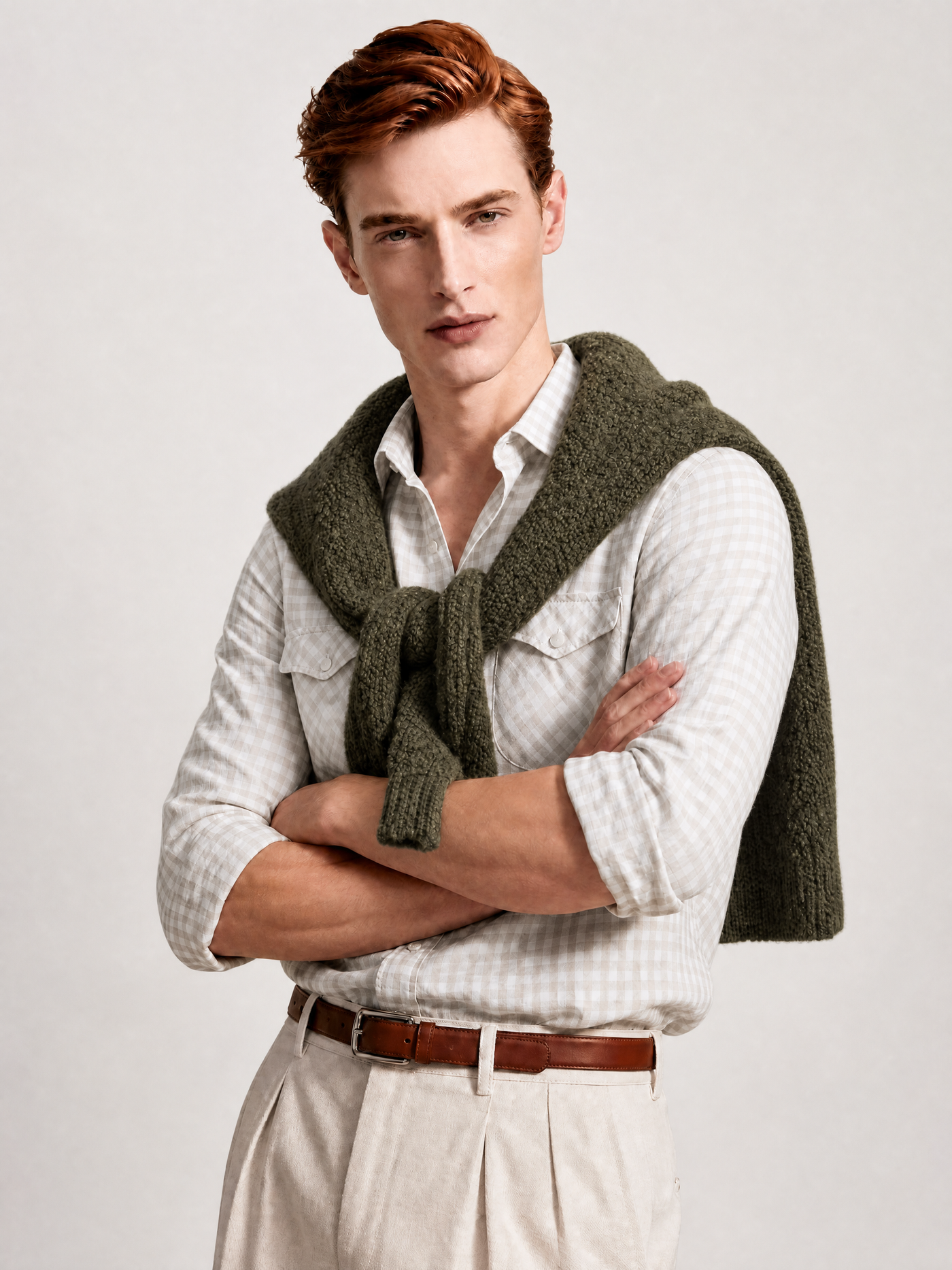 Men's sand and cream check linen shirt — a quiet tonal check