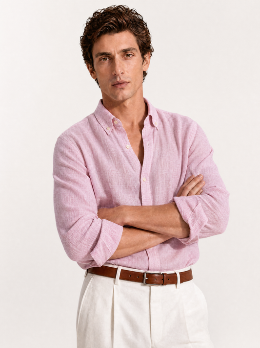 Men's blush pink linen shirt — button-down collar and a clean placket