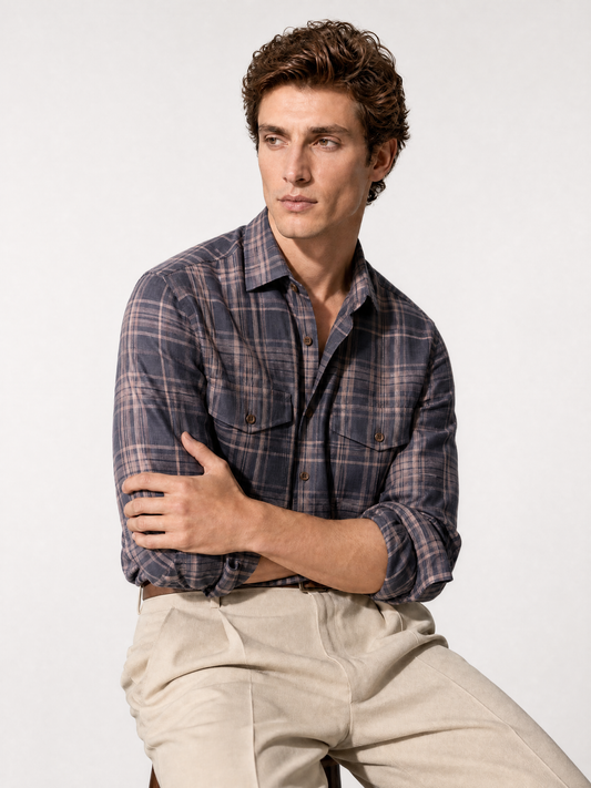 Men's navy check linen shirt — spread collar and two flapped chest pockets