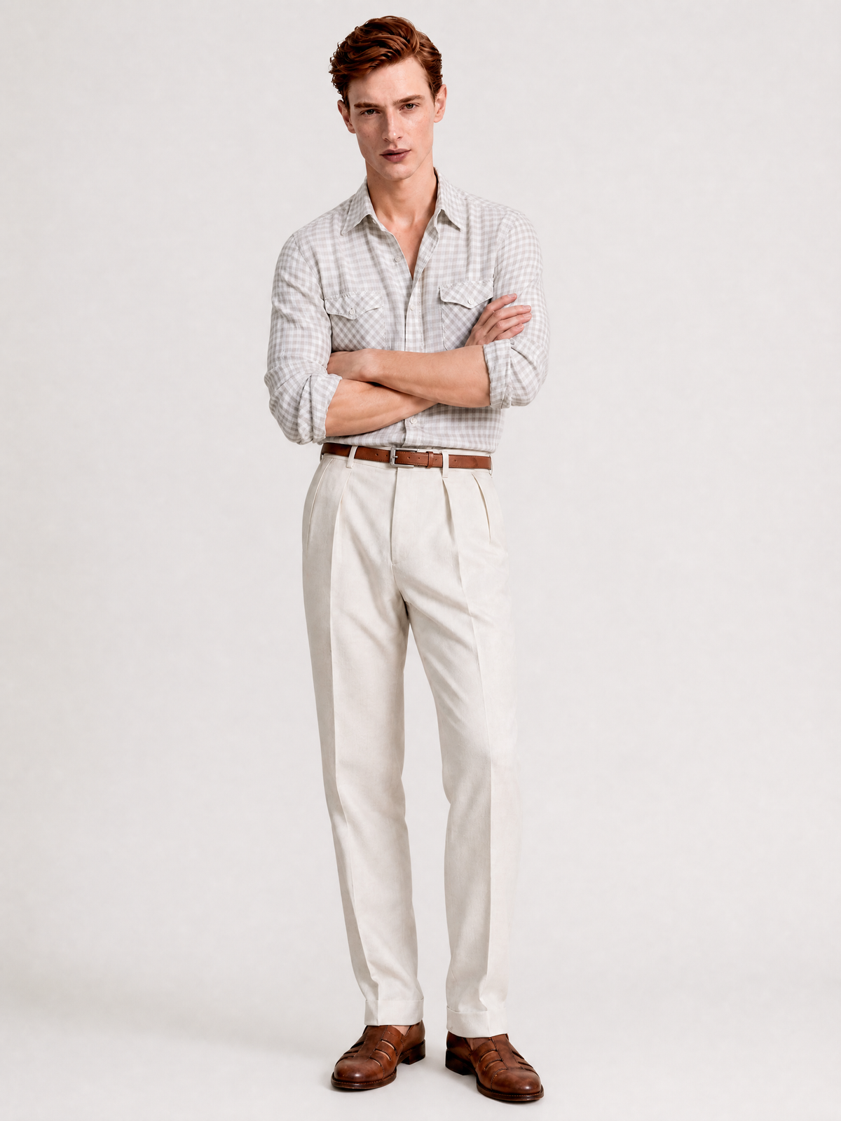 Linen shirt in sand and cream check — a quiet tonal check
