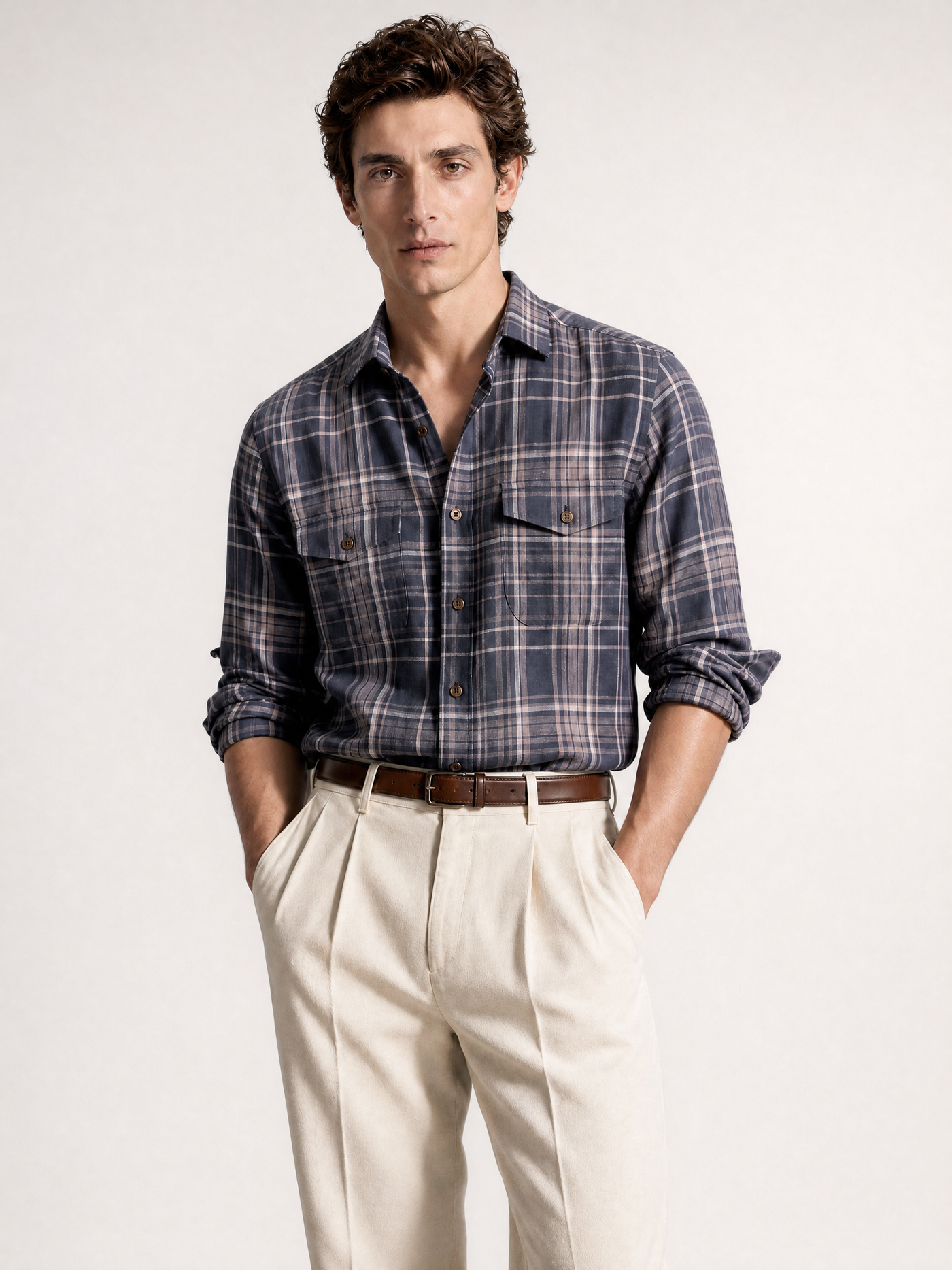 YAEYAH navy check linen shirt, cut to your own measurements