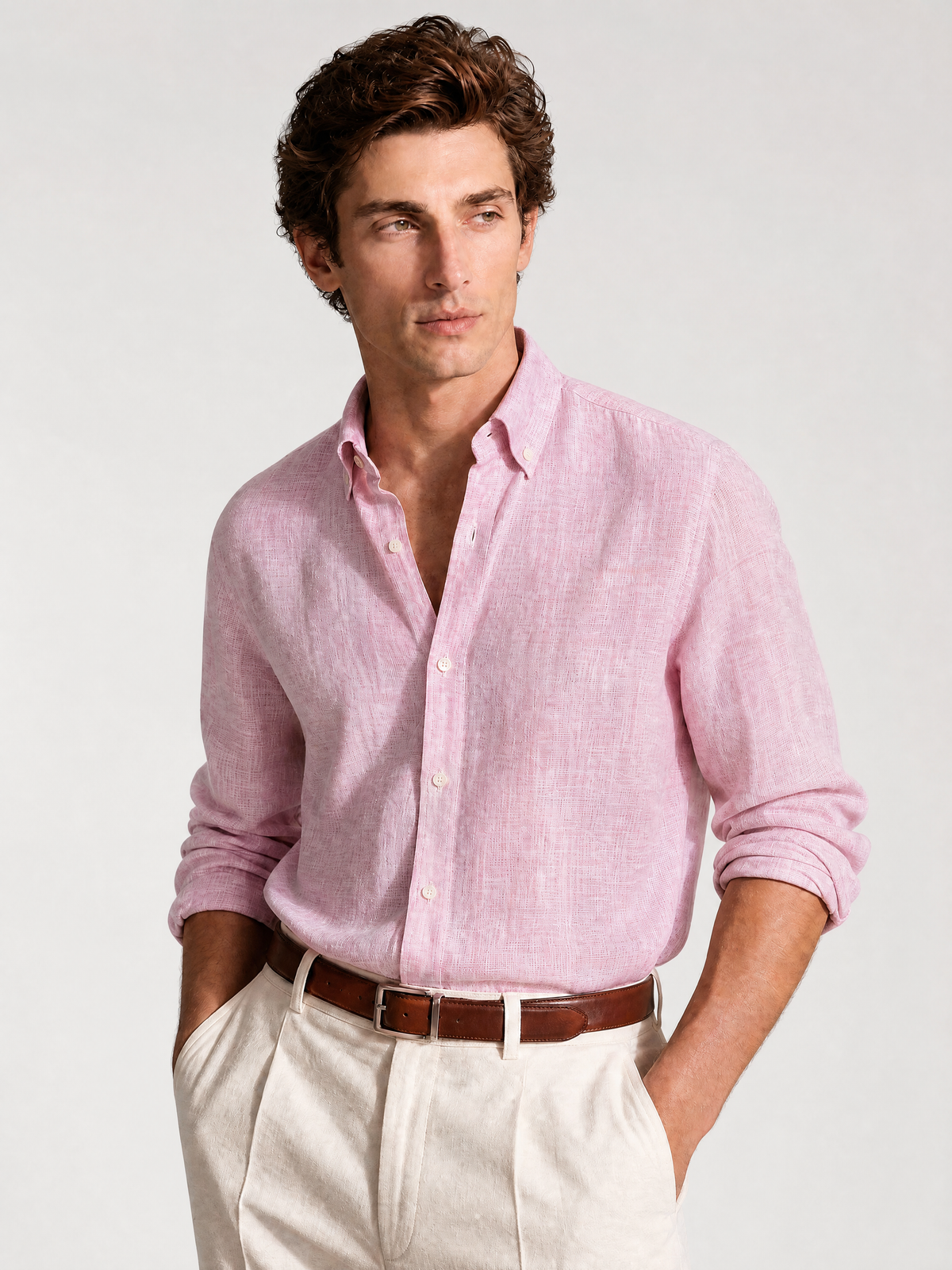 Linen shirt in blush pink — button-down collar and a clean placket