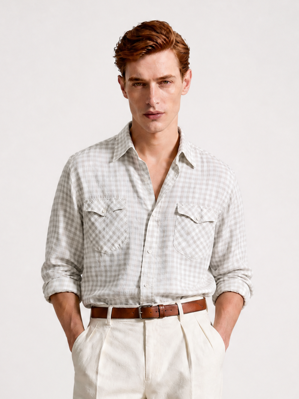 YAEYAH sand and cream check linen shirt, cut to your own measurements