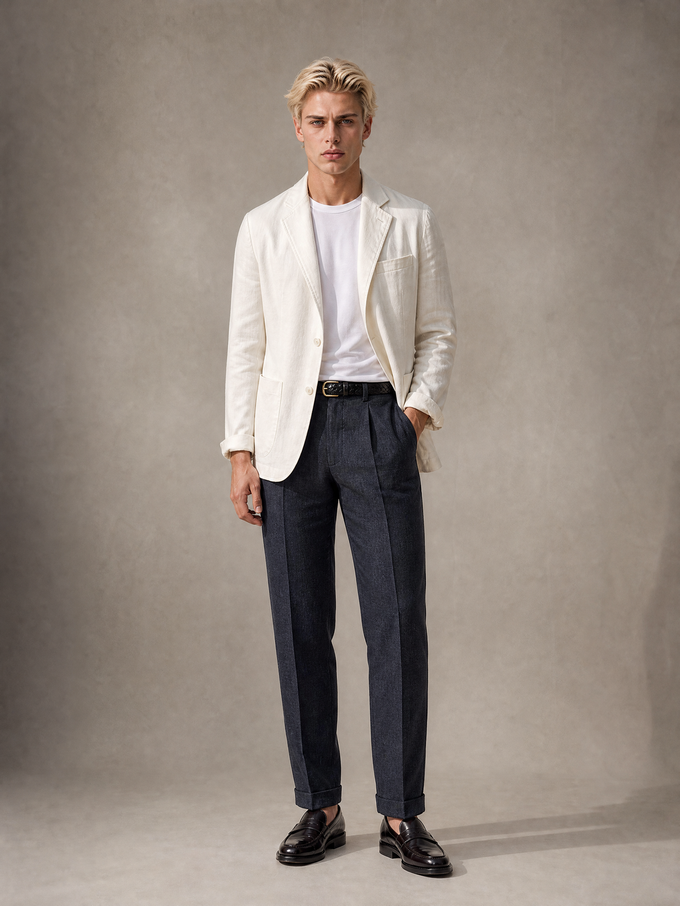 Men's blue linen trouser — double pleated, slightly tapered