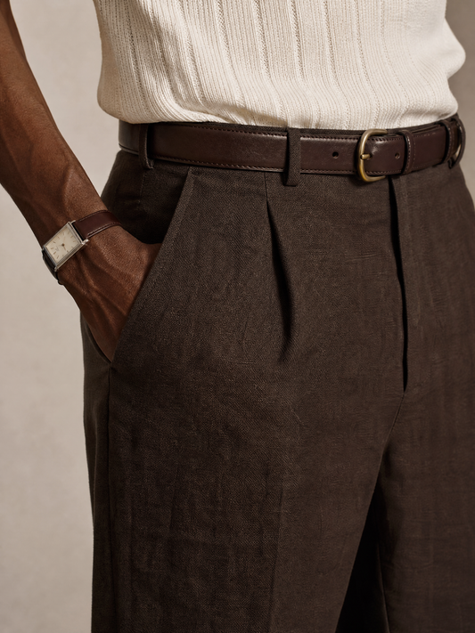Men's brown linen trouser — single pleated, slightly tapered