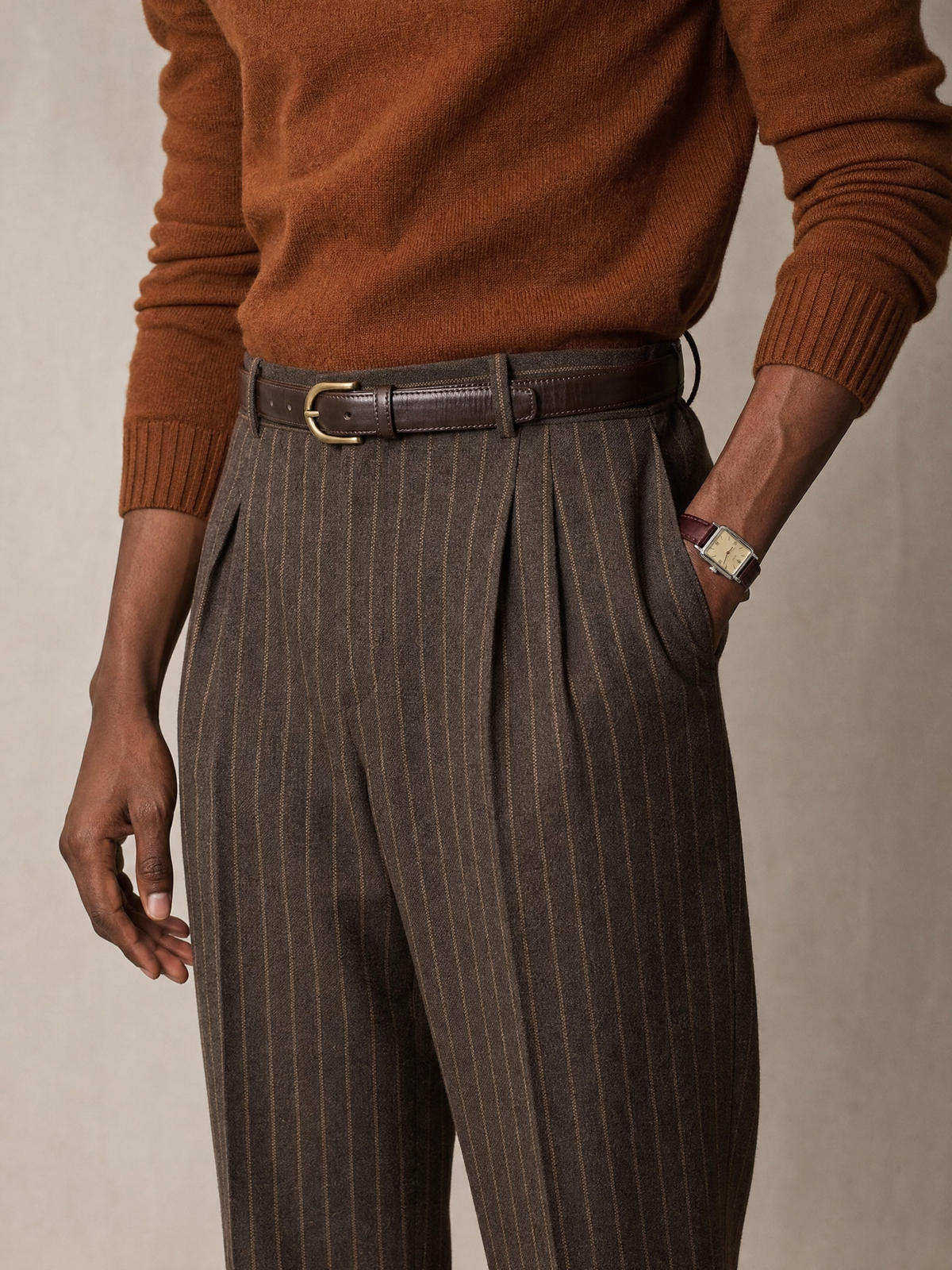 Men's brown stripe merino wool blend trouser — double pleated, hemmed to a full break