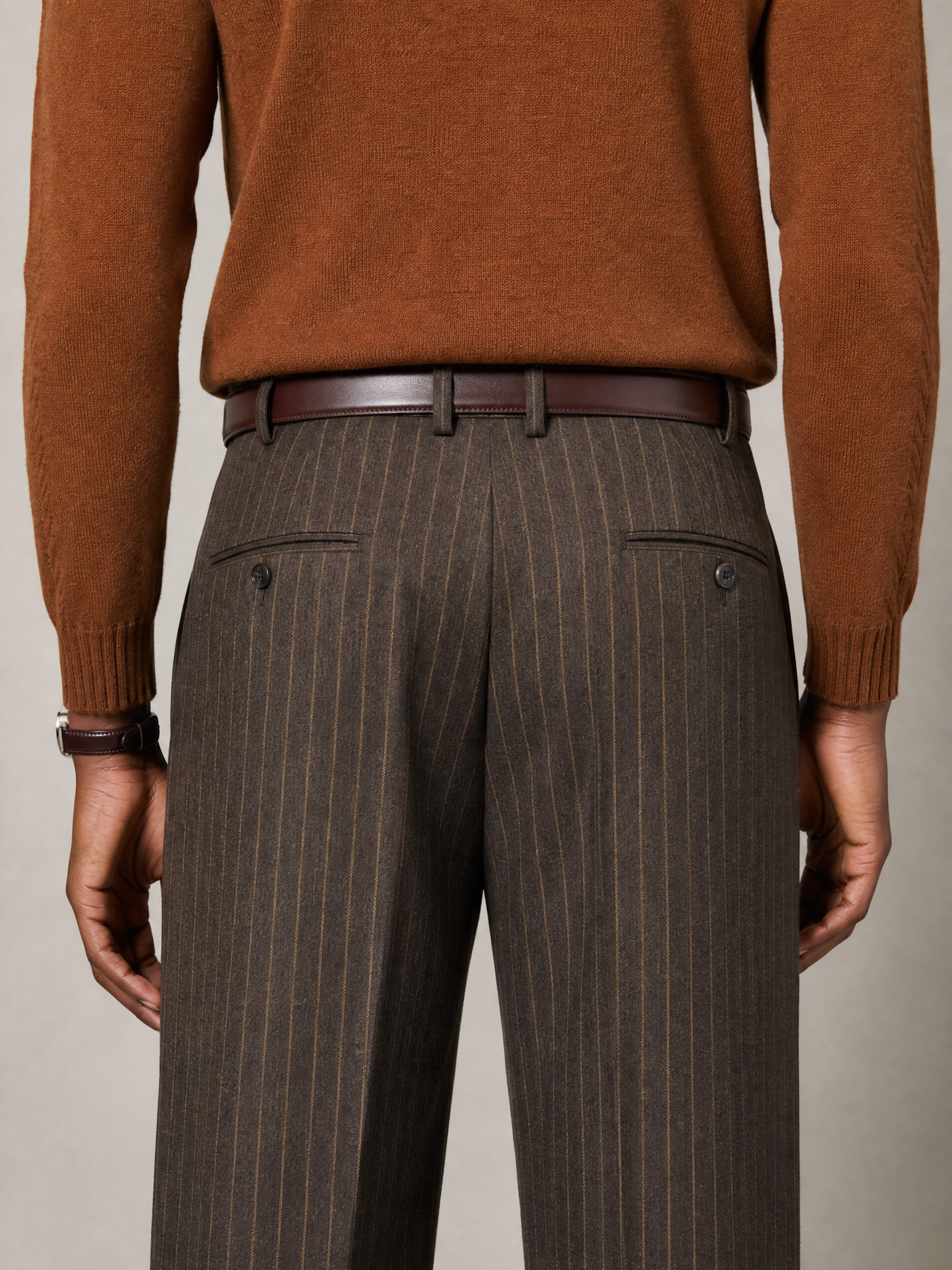 YAEYAH brown stripe merino wool blend trouser, cut to your own measurements