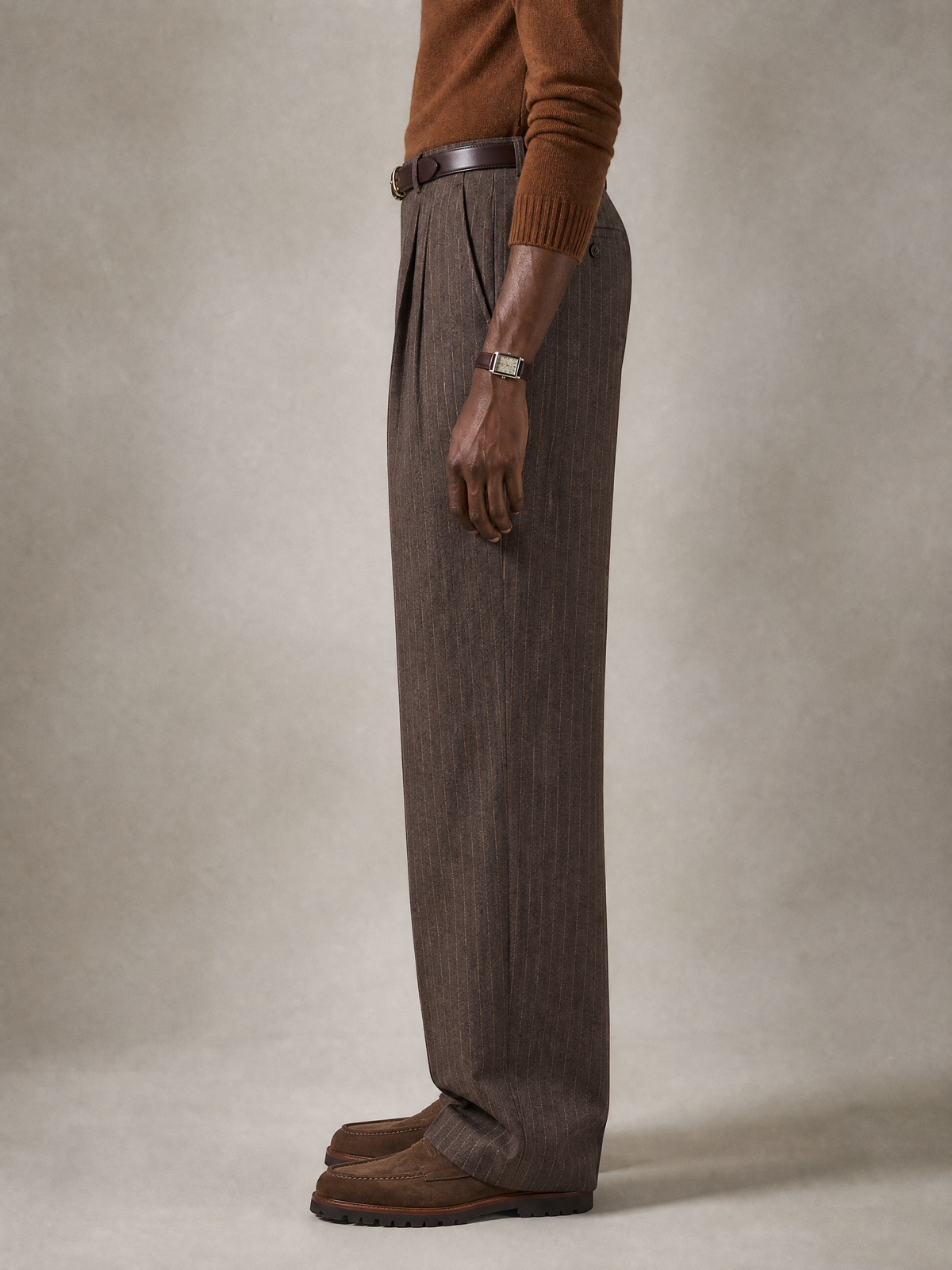 Men's brown stripe merino wool blend trouser by YAEYAH
