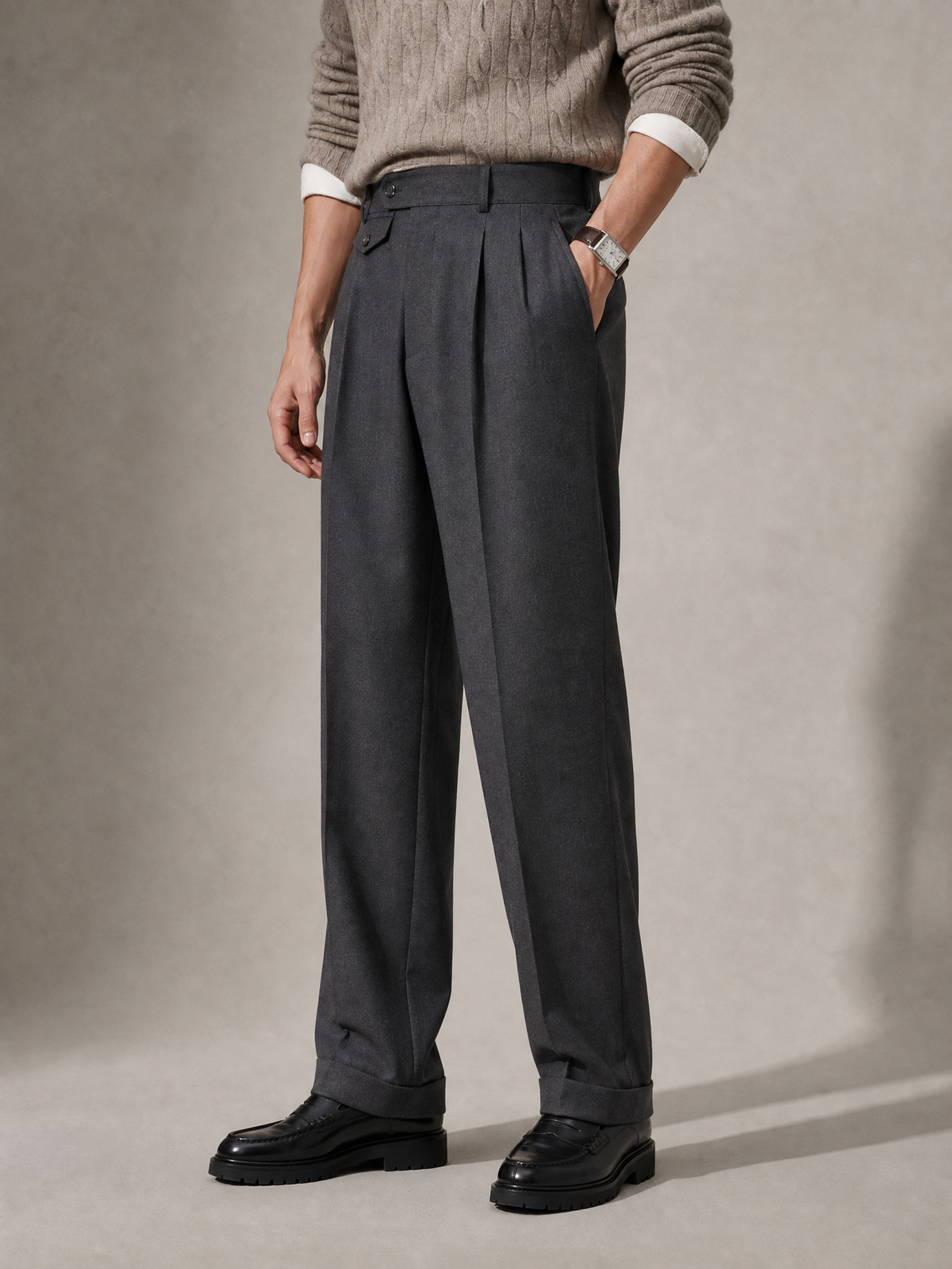 Charcoal wool-blend twill trouser for men, made in India by YAEYAH