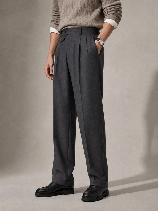 Charcoal wool-blend twill trouser for men, made in India by YAEYAH
